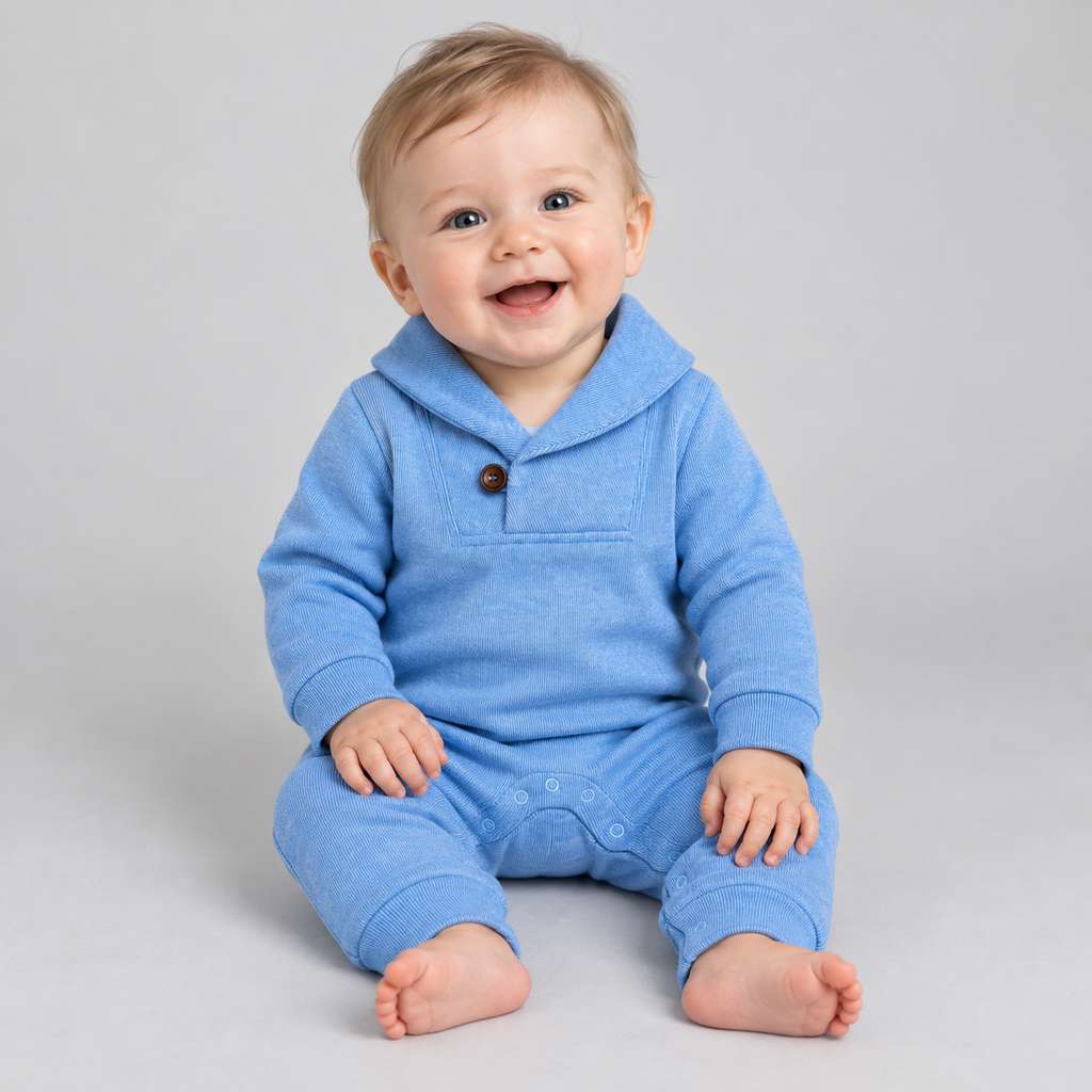 Baby Blue Corduroy Shawl Collar Romper