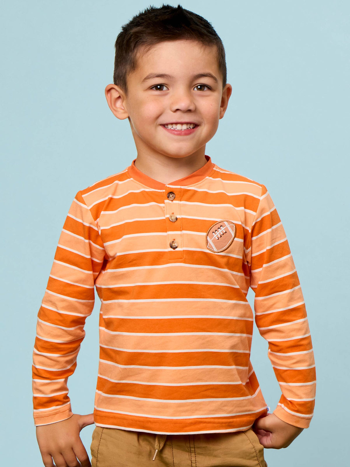 RuffleButts + RuggedButts - Boys Varsity Orange Football Stripe Knit Long Sleeve Embroidered Henley Tee